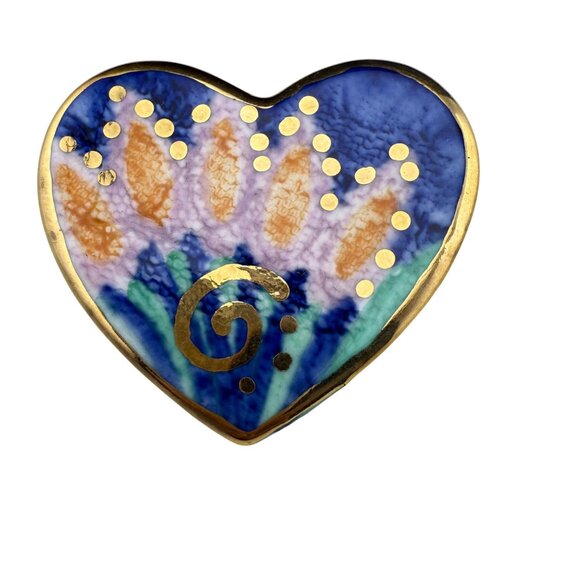 Handcrafted Ceramic Heart Brooch Multicolor Enamel Gold-Tone Embellishment Artis - Picture 1 of 4